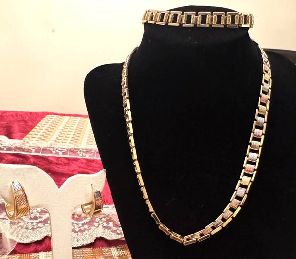 Beautiful Gold/Silver/Rose Color Necklace, Bracelet and Earrings Elegant Link Locking Design