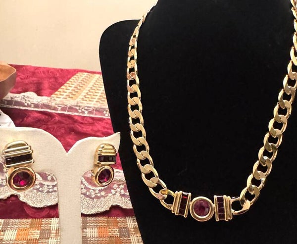 Beautiful Gold Color Necklace and Earrings With Beautiful Purple Stone and Thick Chain Design