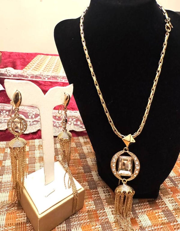 Beautiful Gold Tone Necklace and Earrings Cz Stones With Dangle Chains