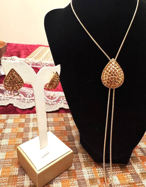 Beautiful Gold Tone Necklace and Earrings Brown Stones With Dangle Chain