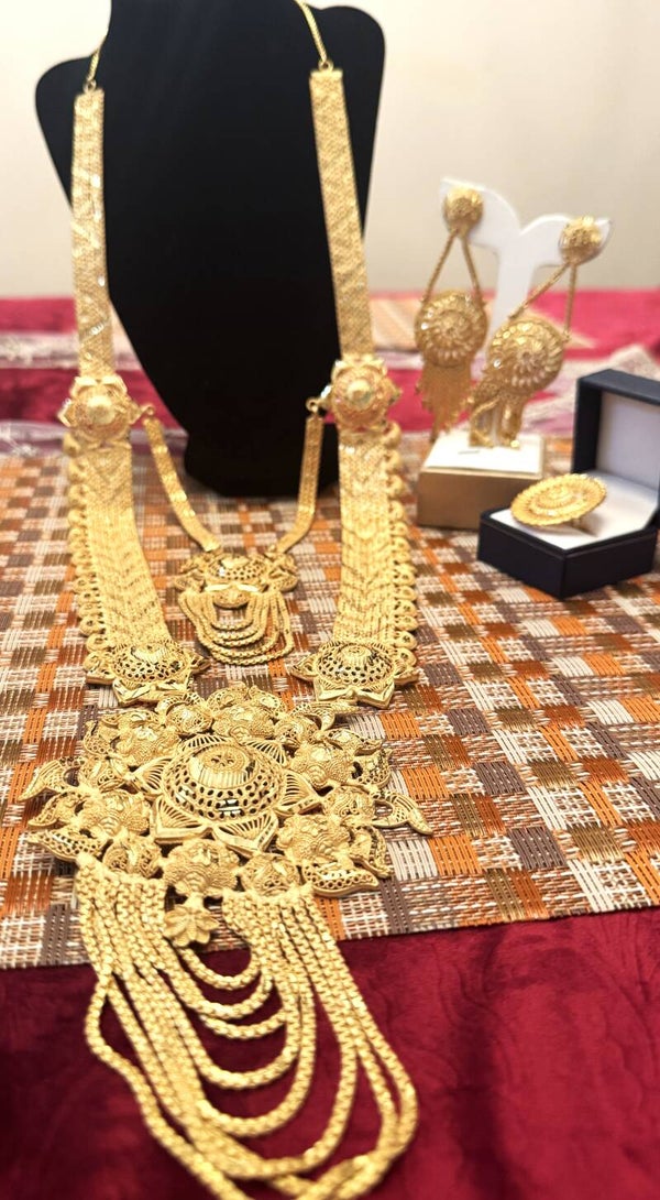 Beautiful Gold Tone  Long Double Chain Necklace, Ring and Earrings
