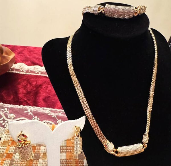 Beautiful Gold Tone Necklace, Bracelet and Earrings With White Stones on Bars