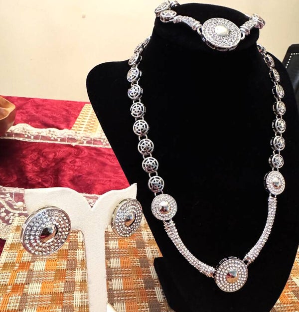 Beautiful Silver Color Necklace, Bracelet and Earrings with Small and  Large Circle Design White Stones