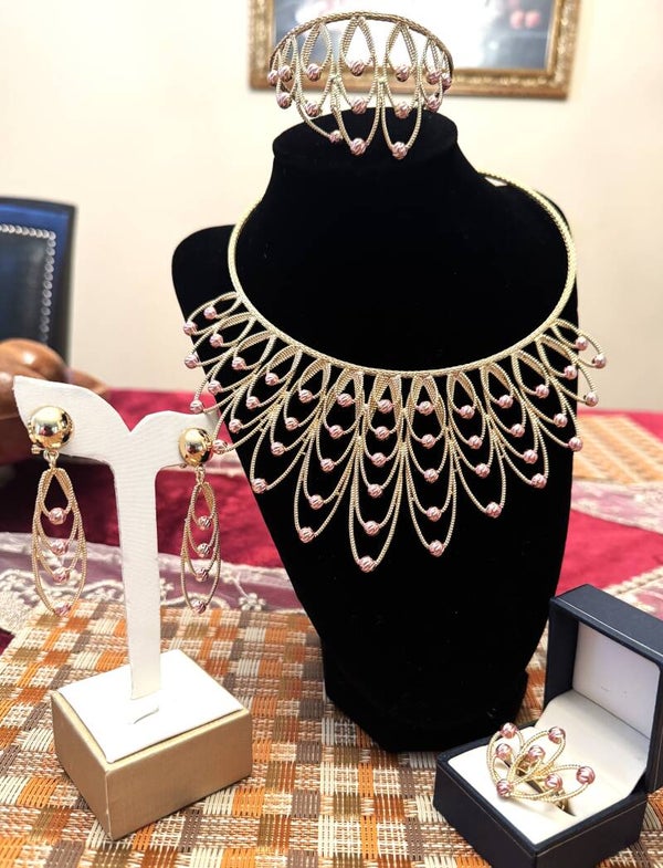 Beautiful Gold Color Necklace, Ring. Bracelet and Earrings Princess Design with Pink Balls