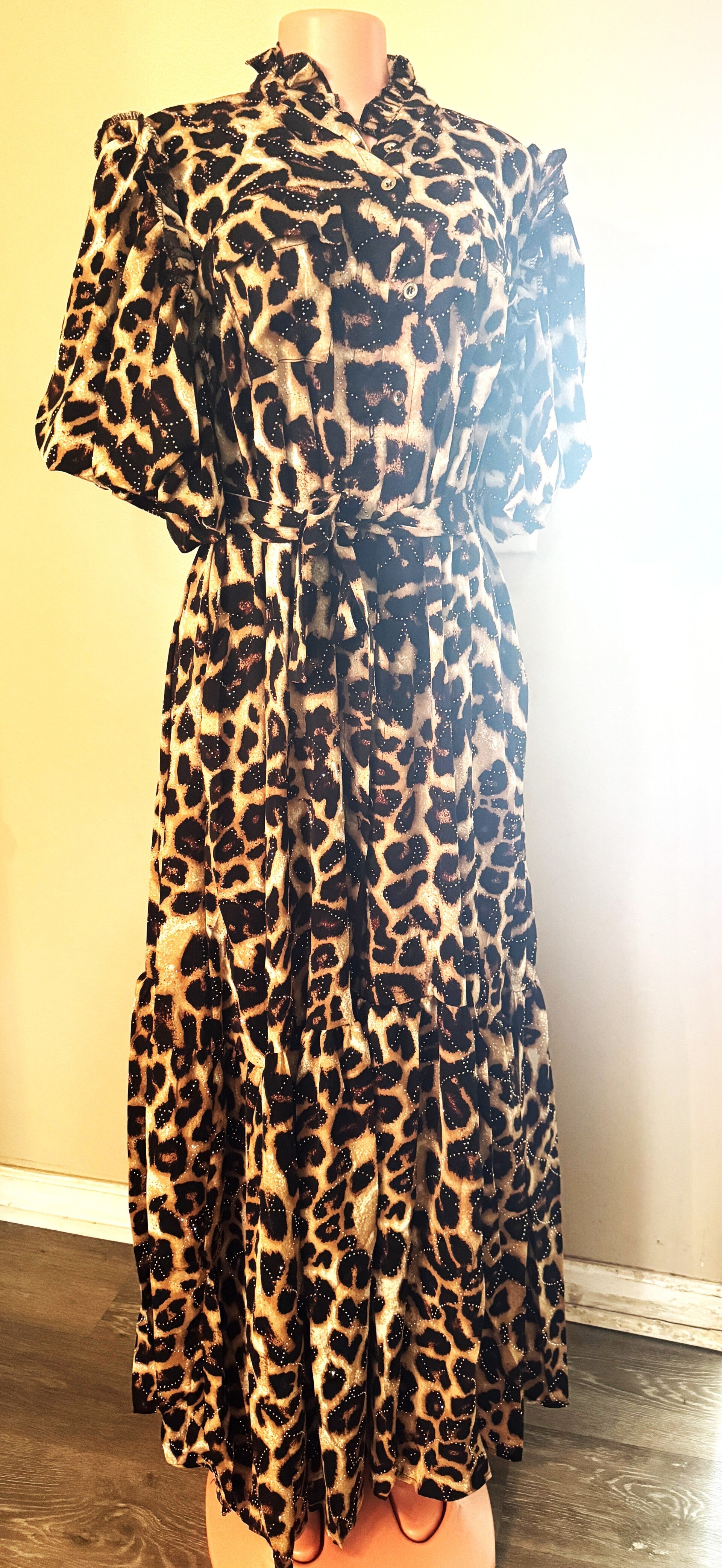 Beautiful Cheetah Print Dress Short Puff Sleeve Dress With Tie Belt