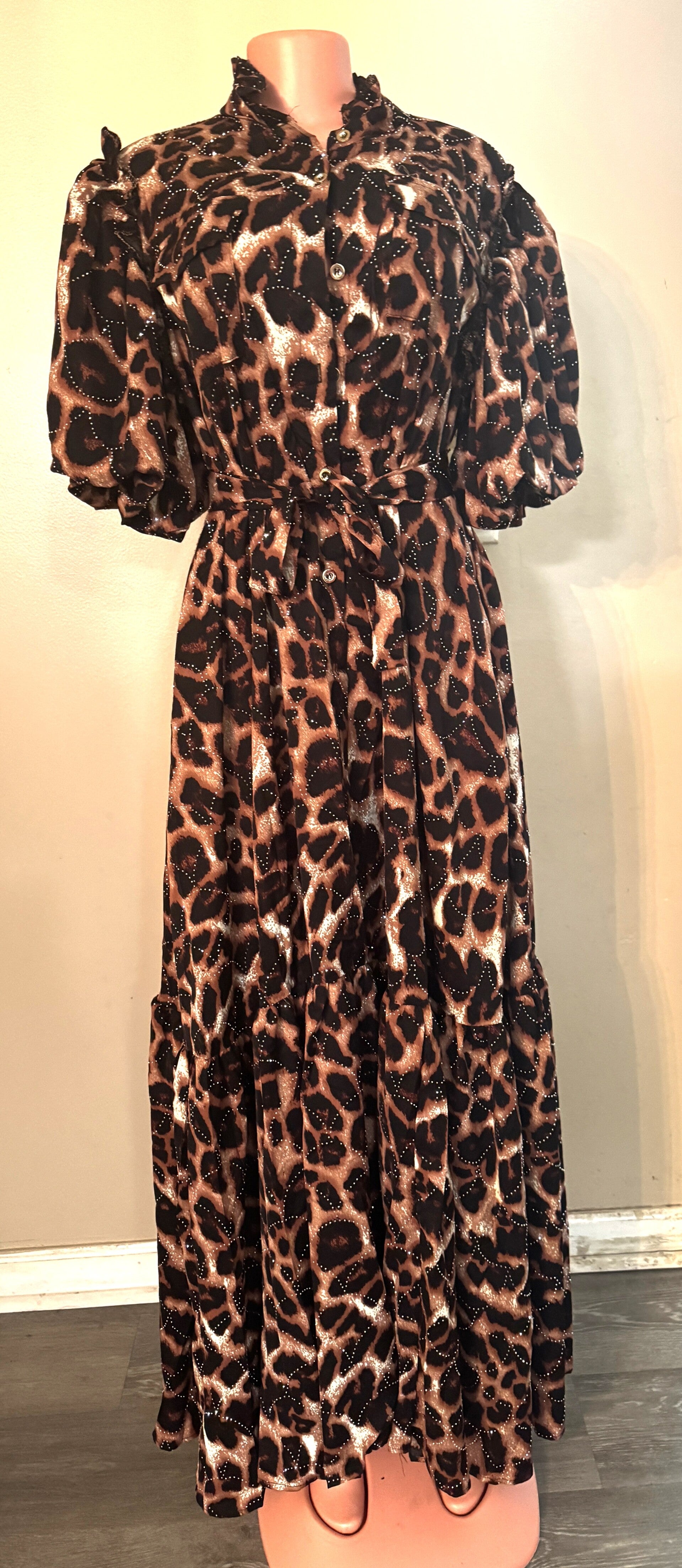 Beautiful Cheetah Print Dress Short Puff Sleeve Dress With Tie Belt