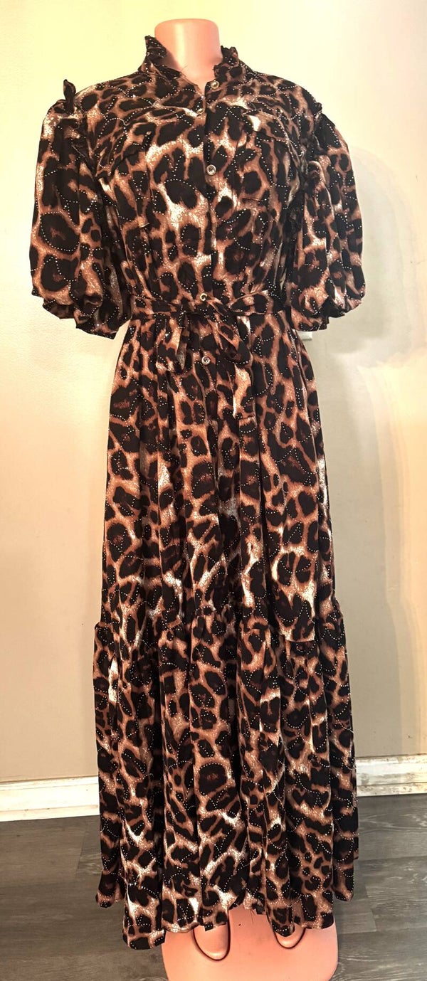 Beautiful Cheetah Print Dress Short Puff Sleeve Dress With Tie Belt