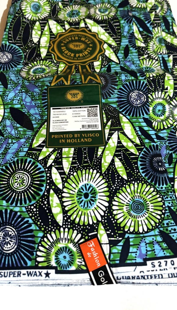 DUTCH VERITABLE SUPER-WAX-BLOCK PRINTS 6 YARDS PRINTED BY VLISCO IN HOLLAND