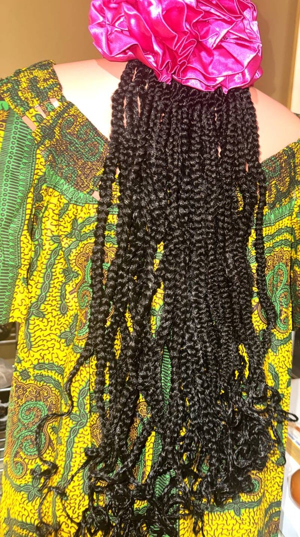24 inch Braid Black with curls on bottom back cap