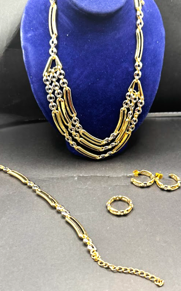Beautiful Gold and Silver Tone Women Layered Necklace, Bracelet, Ring and Earrings.