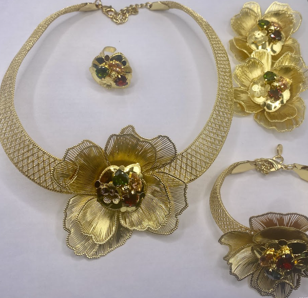 Beautiful Women Gold Tone Necklace, Bracelet, Ring and Earrings with Flower Design and Colorful Stones in Center