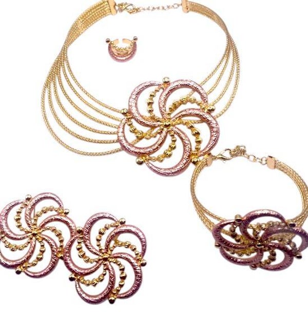 Beautiful Women Gold Tone With Rose Necklace, Bracelet, Ring and Earrings with Pin Wheel Design
