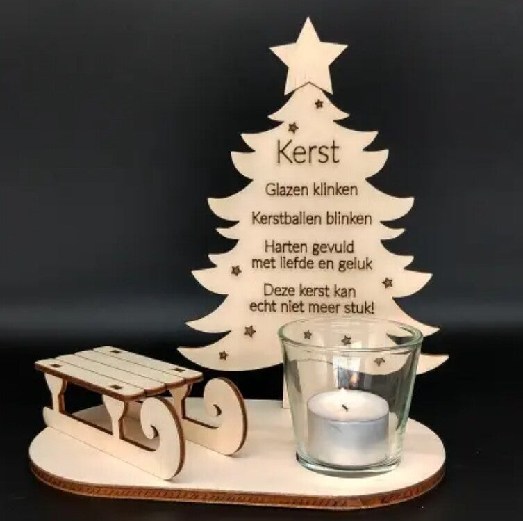 Voetstuk kerstboom met slee en waxinehouder