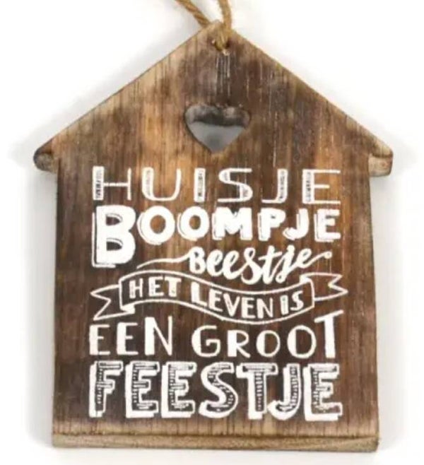 Hangend label, huisje boompje feestje