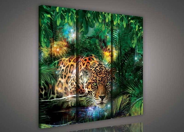Drieluik Schilderij Jungle Panter - 90 x 80 cm