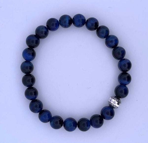 Herenarmband blauwe tijgeroog 8mm met sterling zilveren kraal