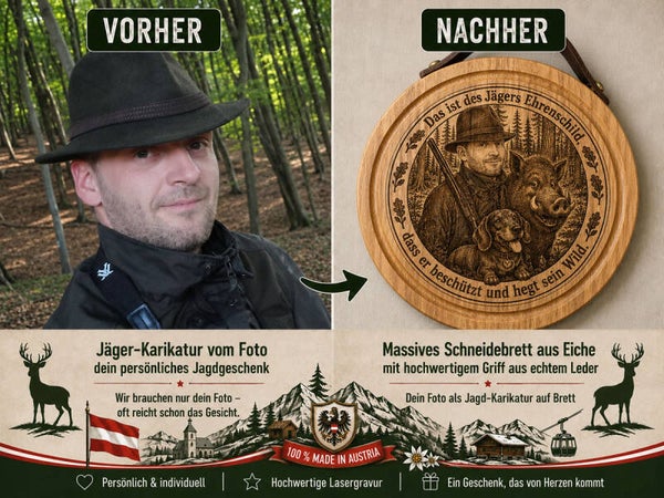 Jäger-Karikatur auf Eichenbrett