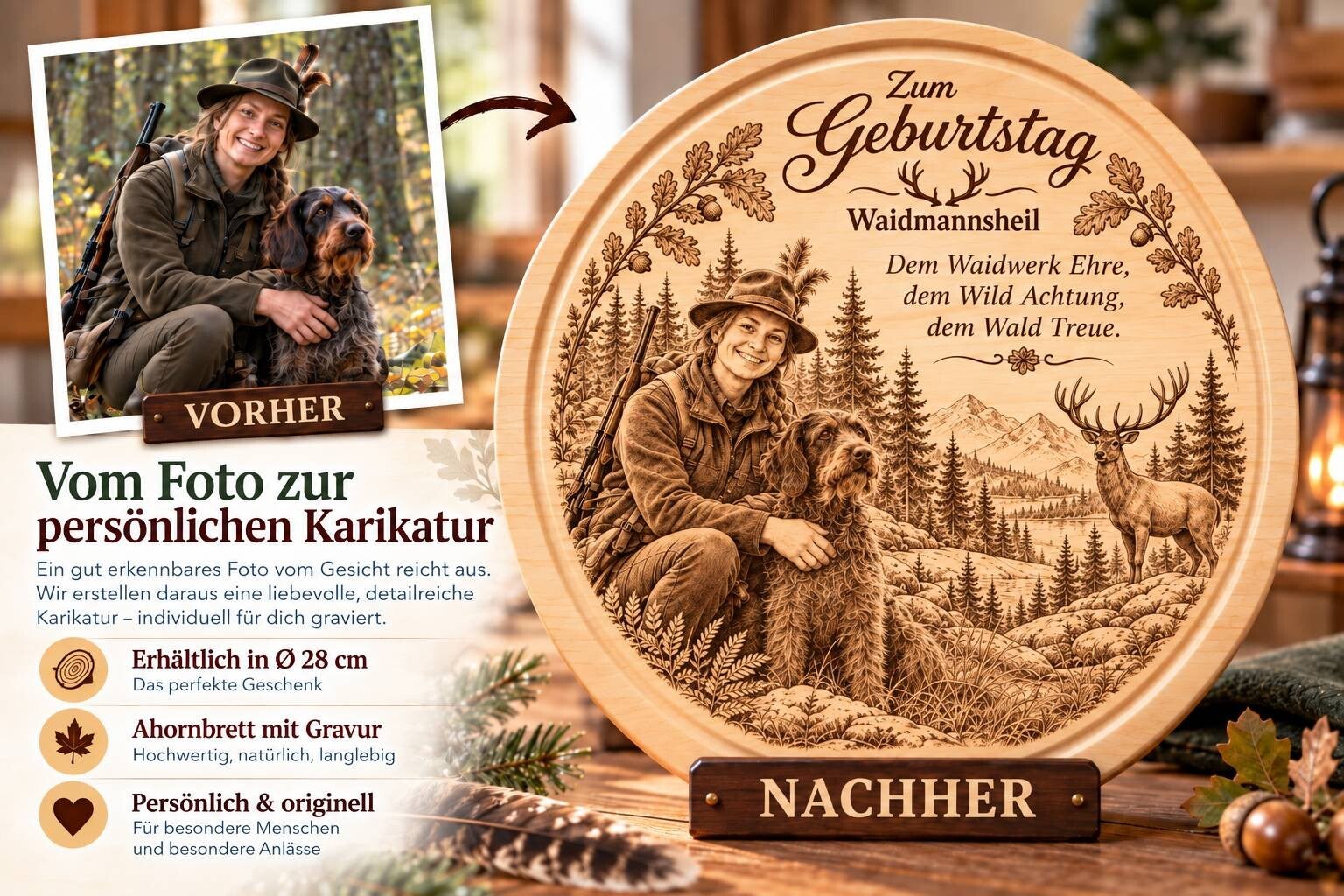 Jäger-Karikatur zum Geburtstag auf Ahornholz