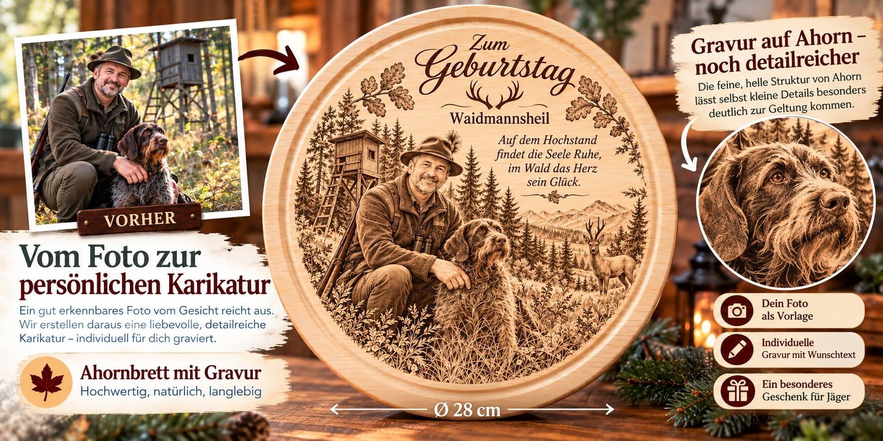 Jäger-Karikatur vom Foto auf einem gravierten Ahornbrett