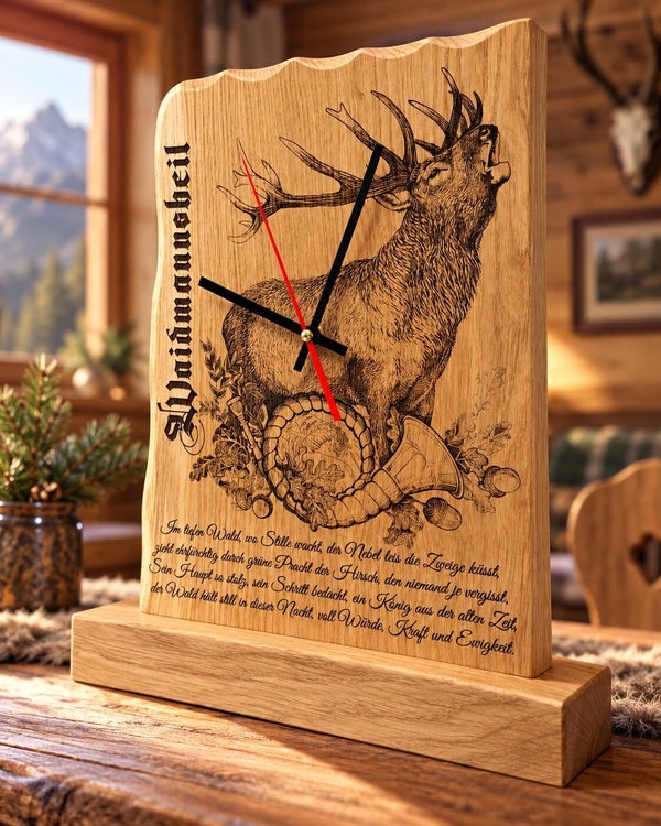 XXL-Tischuhr aus massivem Eichenholz mit Hirschmotiv und Jagdspruch