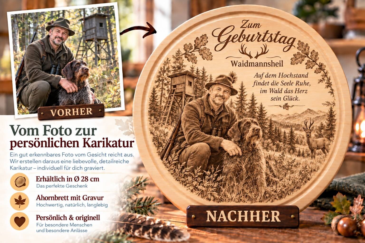 Personalisierte Jäger-Karikatur mit Wunschtext als Jagdgeschenk