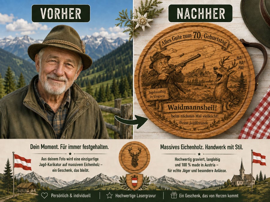 Individuelle Jäger-Karikatur mit Jagdszene und Wunschtext
