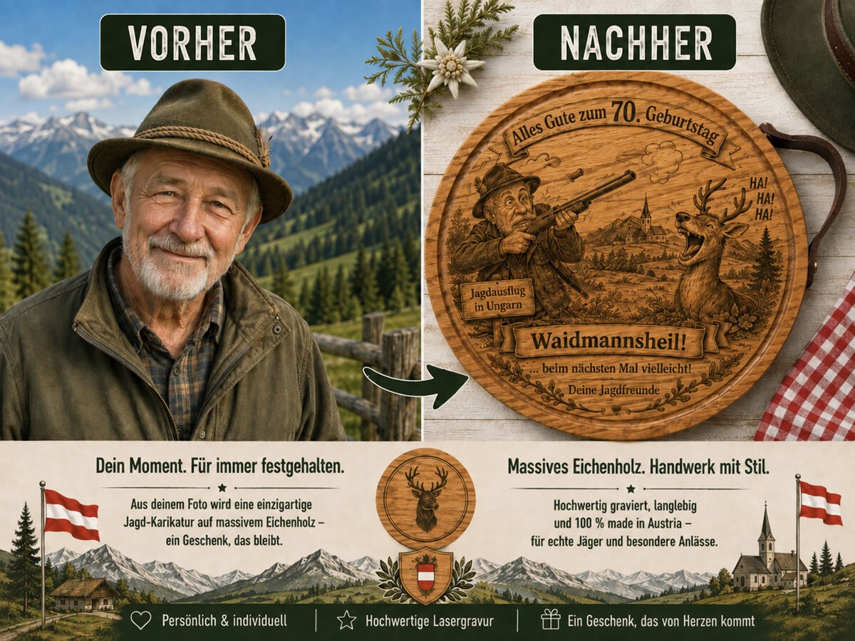 Jäger-Karikatur vom Foto als Gravur auf einem runden Eichenbrett