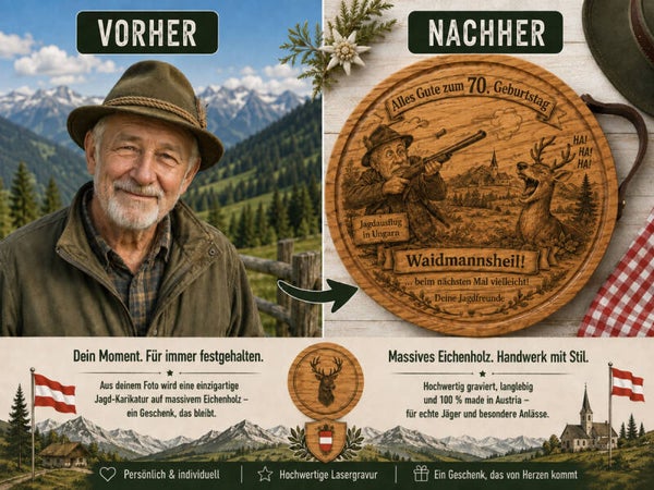 Jäger-Karikatur auf Eichenbrett