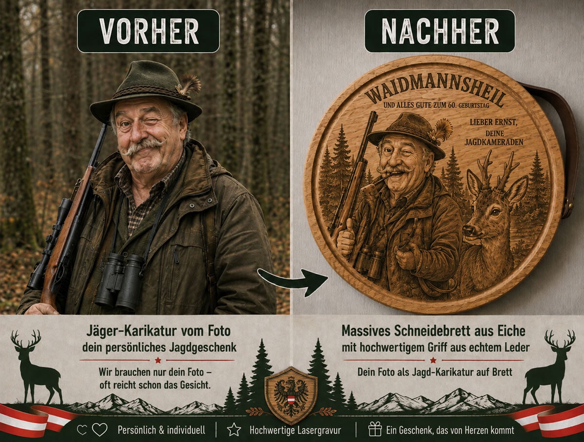 Personalisierte Jäger-Karikatur zum Geburtstag auf einem Eichenbrett