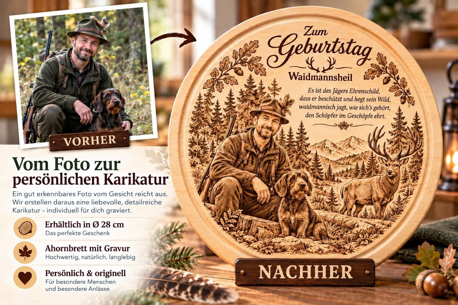 Jäger-Karikatur mit Foto und Spruch zum Geburtstag