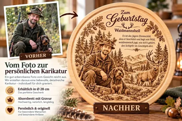 Jäger-Karikatur vom Foto auf Schneidebrett – Ahorn & Eiche