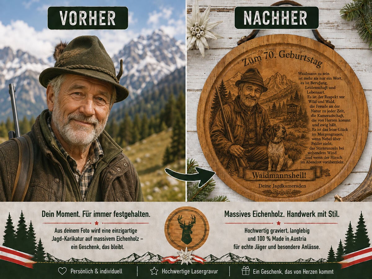 Personalisiertes Jagdgeschenk mit Jäger-Karikatur vom Foto und persönlichem Spruch