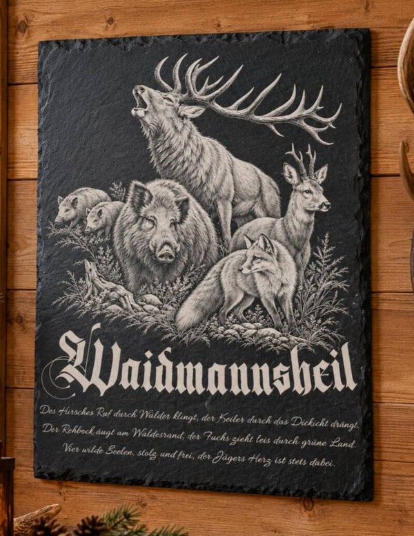 Hirsch, Wildschwein, Rehbock und Fuchs auf Naturschiefer – A3 Jagdbild