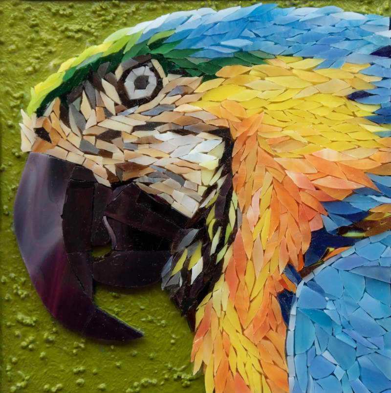 yellow and blue macaw, mosaic, micro