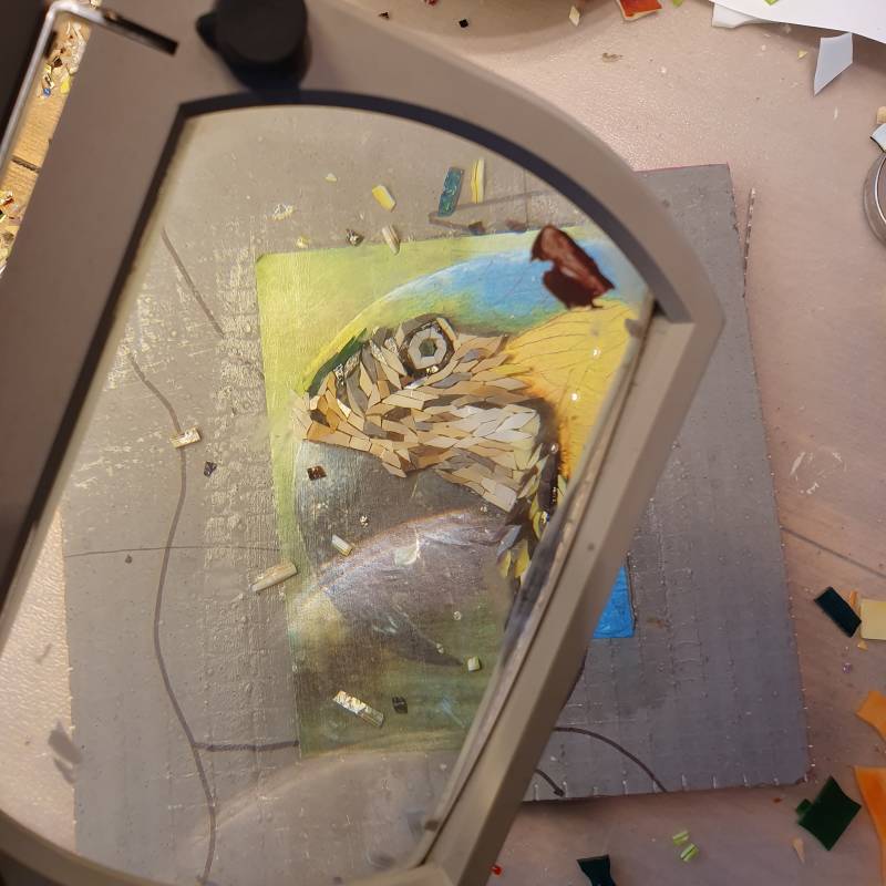 yellow and blue macaw, mosaic, micro