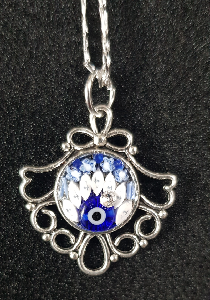 micro mosaic pendant in whte and blue with swarovski crystal