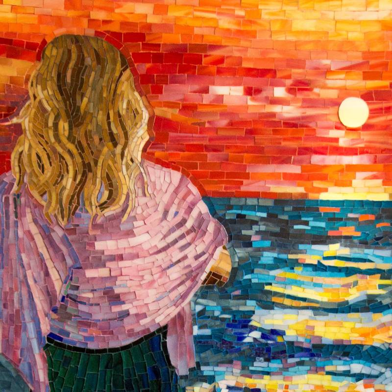 Mediterrenean, Sunset, Mosaic, art, wallart, portrait, woman, sea, water, paradisemosaics