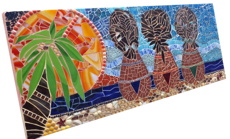 Sunset at the Beach - 3 ladies on a tropical island enjoying the sunset. Made after an inspiring holiday on Curaçao, mosaic
