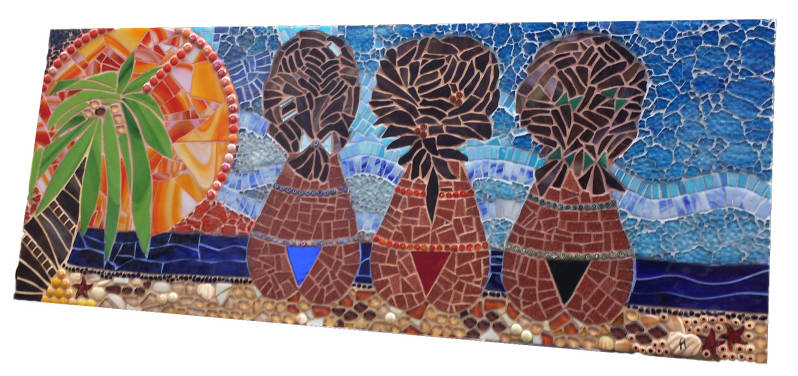Sunset at the Beach - 3 ladies on a tropical island enjoying the sunset. Made after an inspiring holiday on Curaçao, mosaic