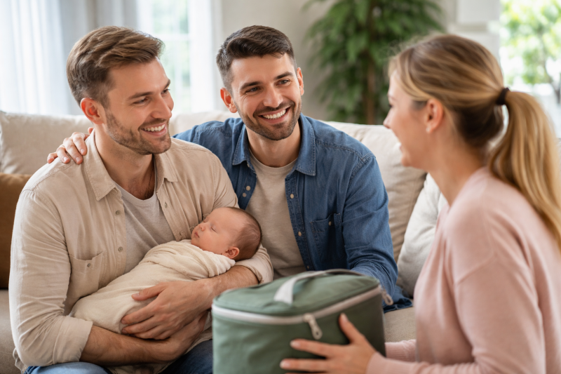 Zwei Männer sitzen mit ihrem neugeborenen Baby auf einem Sofa und sprechen lächelnd mit ihrer Tragemutter, die eine Kühltasche in der Hand hält, in einem hellen Wohnzimmer.