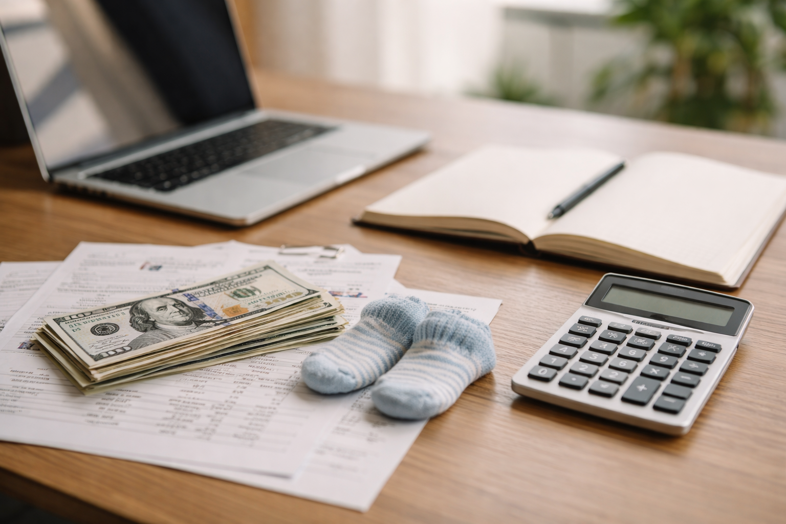 Symbolbild zur finanziellen Planung einer Leihmutterschaft in den USA: Laptop, Notizbuch, Taschenrechner, US-Dollar und Babysocken auf einem modernen Schreibtisch.