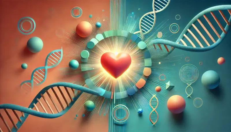 Papaarade-Blog: Darstellung der Wahl der genetischen Mutter. Ein Herz, umgeben von DNA-Strängen in Markenfarben, symbolisiert Liebe, Genetik und Familie. Inspiriert vom Blog über die Eizellspende und die emotionale Reise zur Elternschaft.