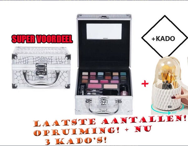 Casuelle Make-Up Koffer Zilver, krokodillen Make-Up koffer met o.a. een * spiegel, oogschaduw, kwastjes en nagellak
