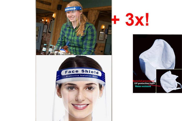 Spatscherm Gezichtsscherm gelaatsmasker -  geschikt voor Brildragers - inclusief 3 hoge kwaliteit wasbare mondkapjes ( 3 laags) met een awarded nano technology uit VIETNAM!