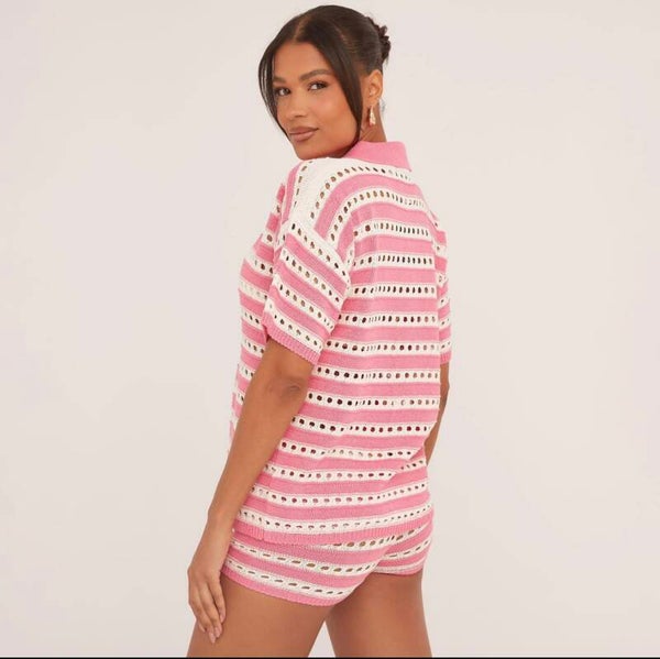 Stripped button up beach cover up short set