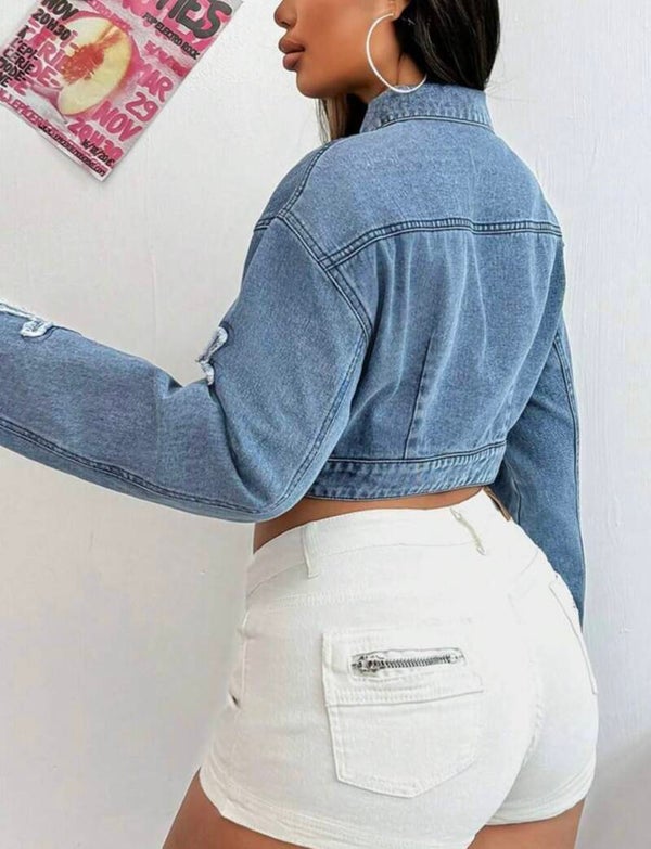 Cross style cropped denim jacket