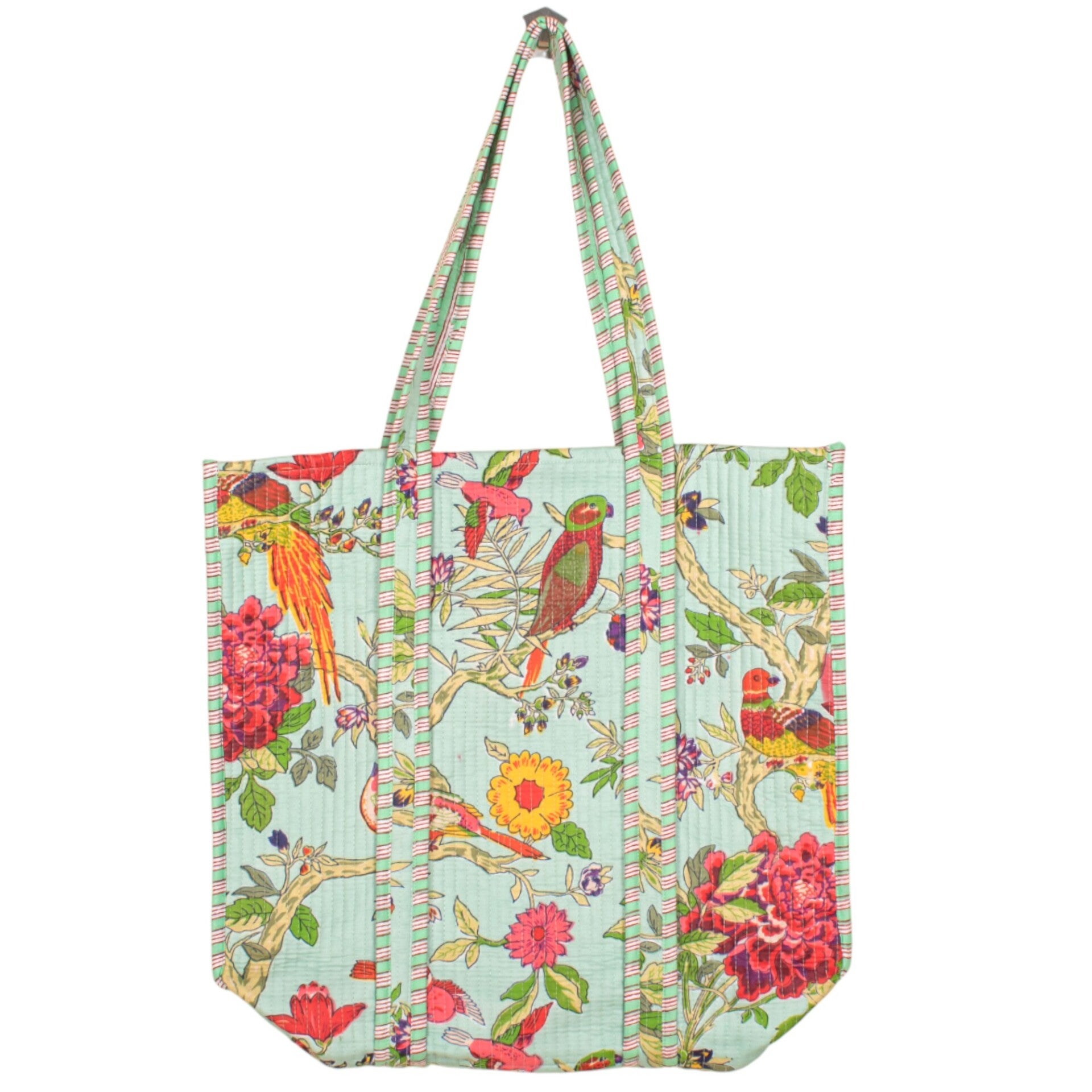 Bohemian schoudertas - Tote Bag - mint met vogels en bloemen