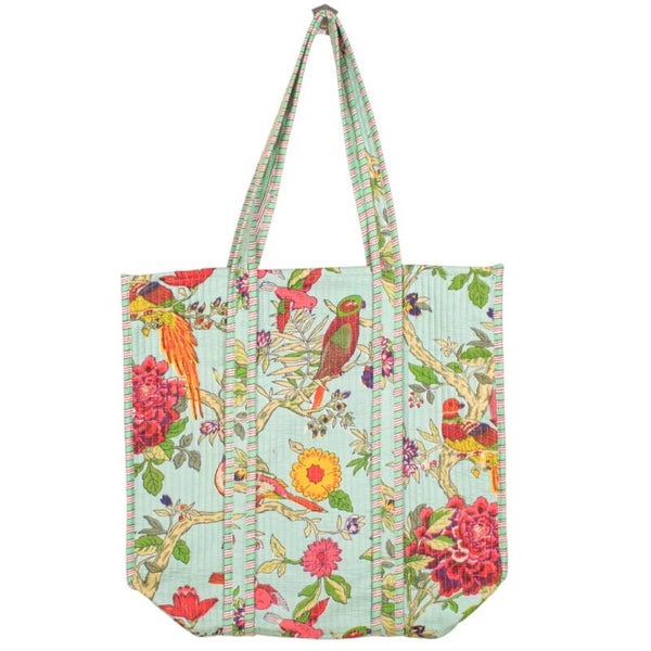 Bohemian schoudertas - Tote Bag - mint met vogels en bloemen