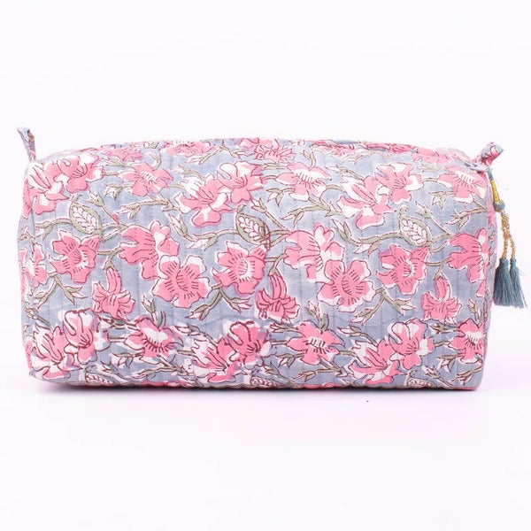 Toilettas - lichtgrijs met roze bloemen - Large