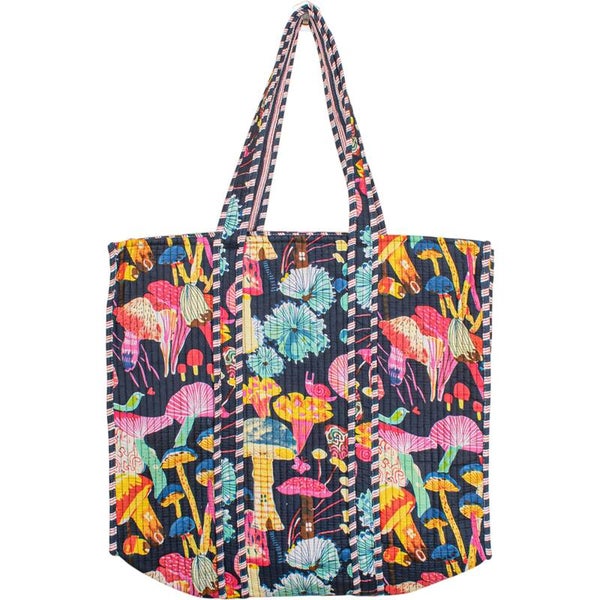 Bohemian schoudertas - Tote Bag - zwart met paddenstoelen